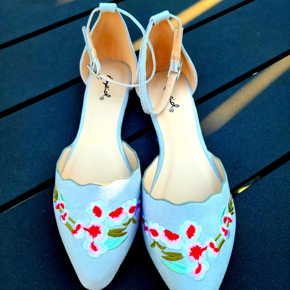 Qupid Blue Embroidered Floral D'Orsay Flats - Picture 2 of 4